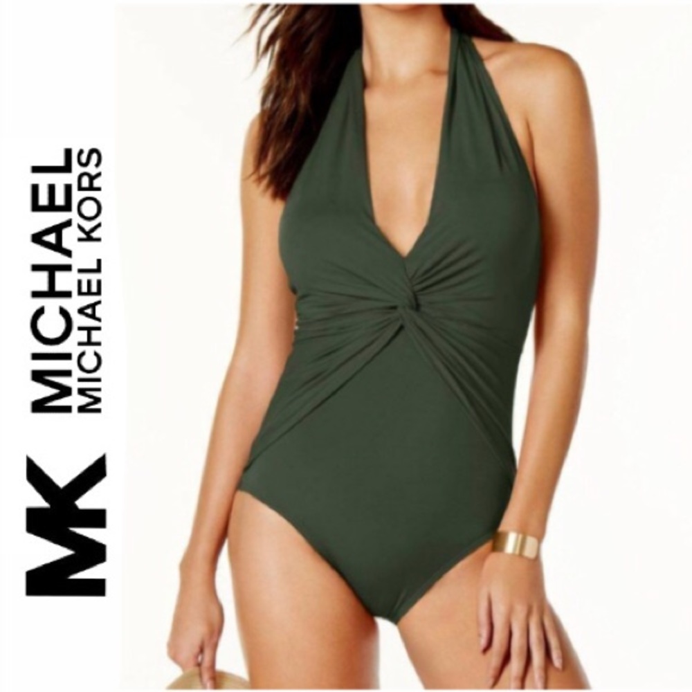 Michael Kors Twist Halter One-Piece Swimsuit Ivy - Picture 1 of 2